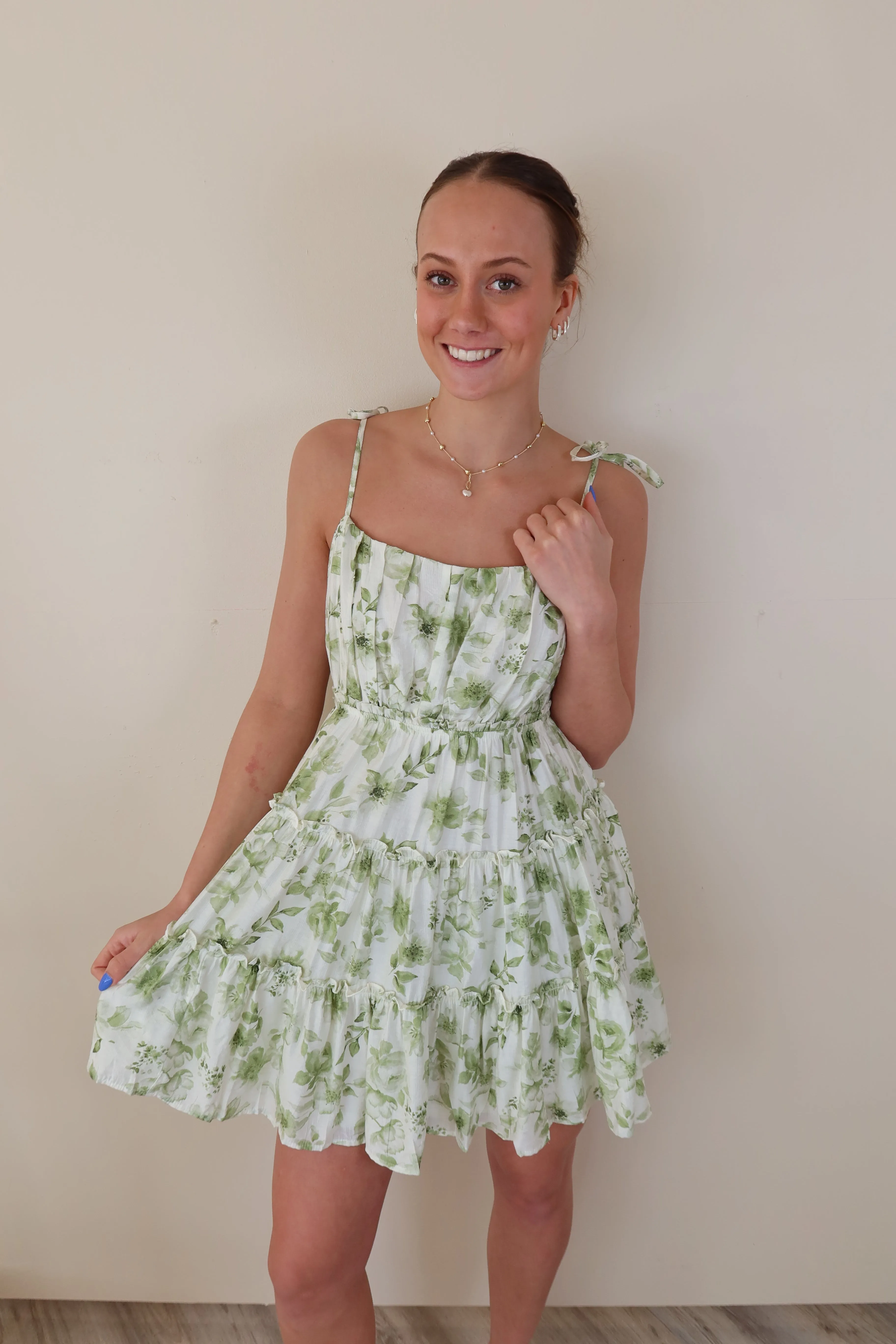 Tie Strap Olive Floral Dress