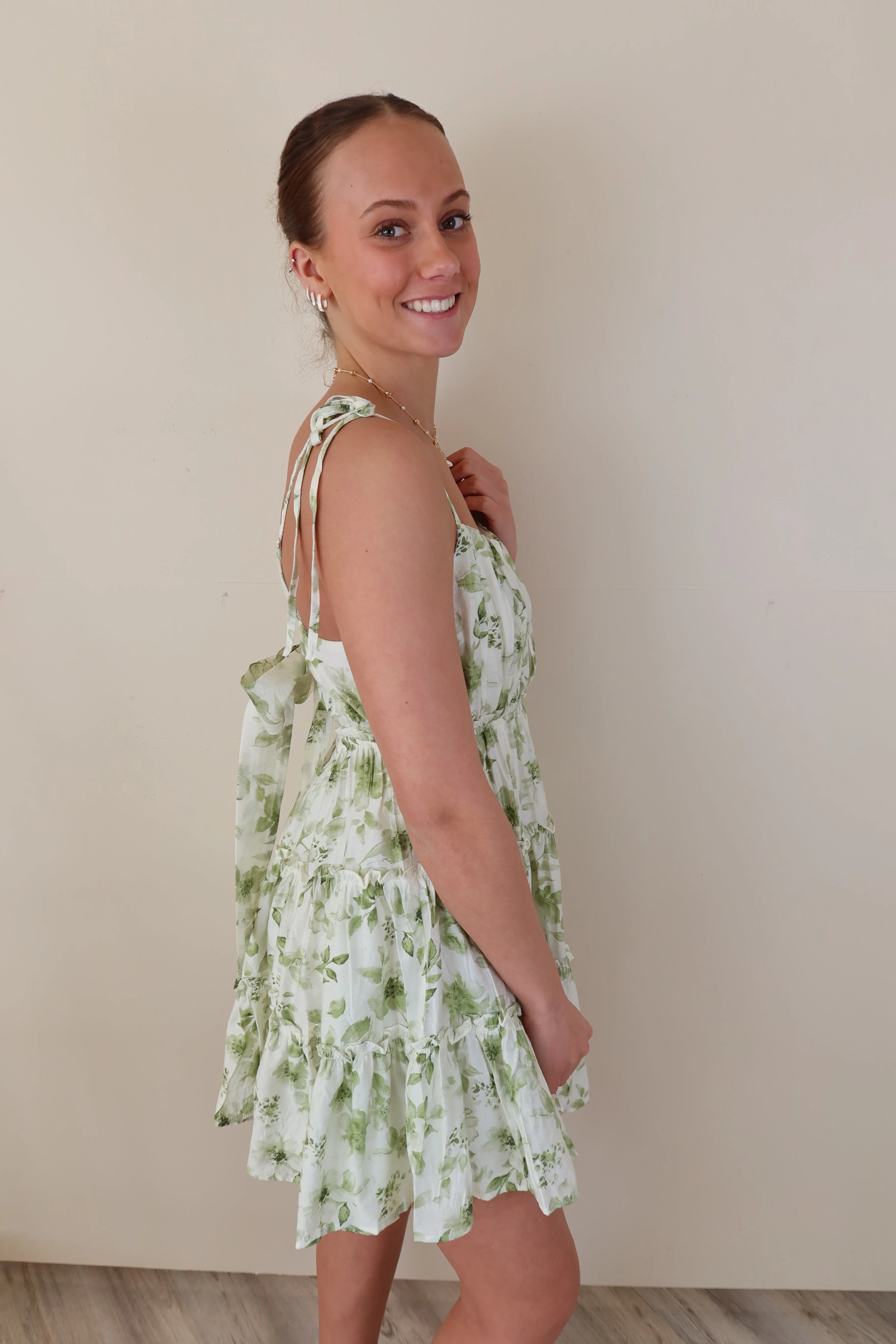 Tie Strap Olive Floral Dress