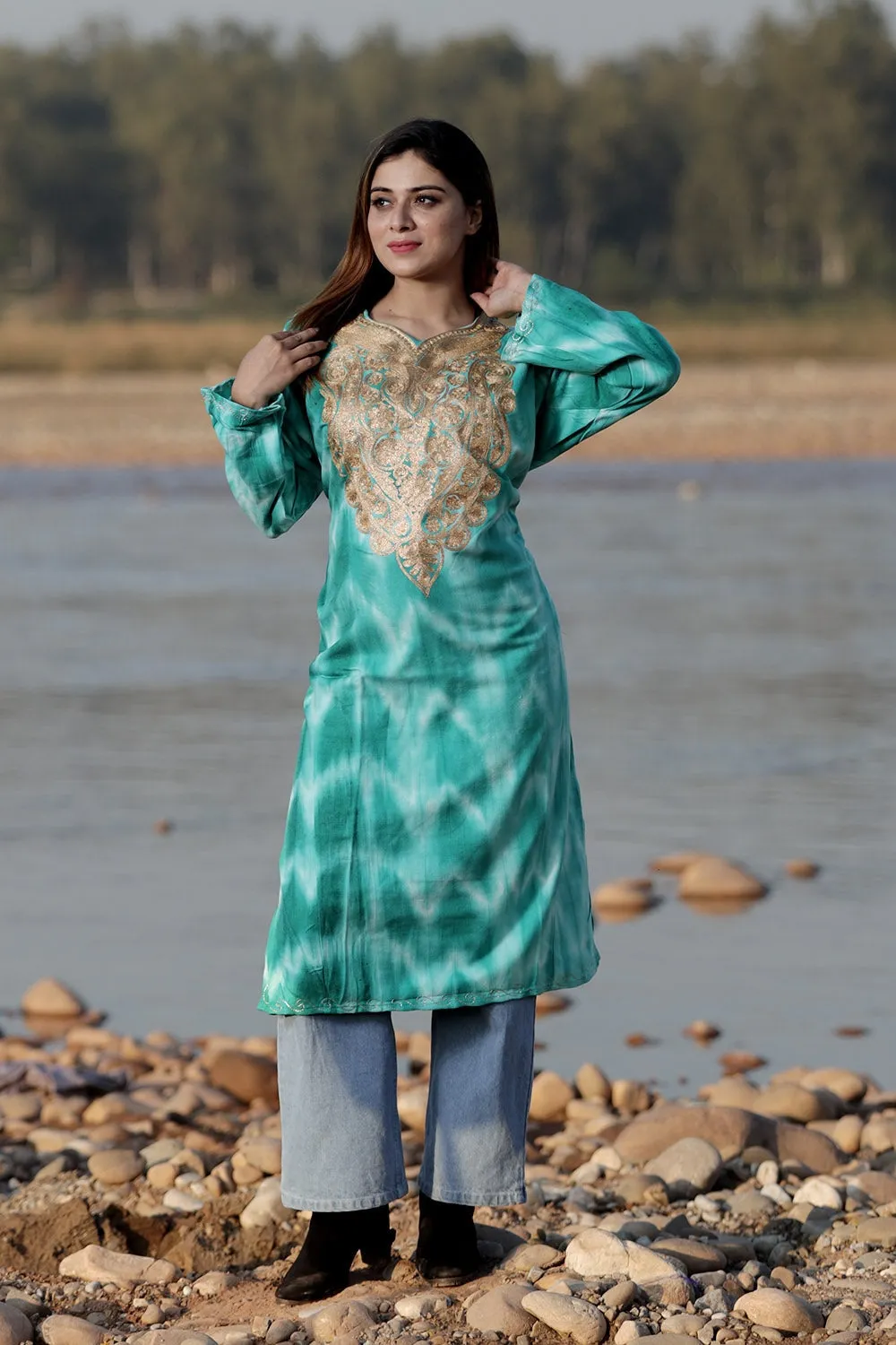 TURQUOISE BLUE COLOUR TIE-DYE Aari Tilla Work Embroidered Phiran Enriched Designer Neckline Pattern