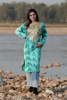 TURQUOISE BLUE COLOUR TIE-DYE Aari Tilla Work Embroidered Phiran Enriched Designer Neckline Pattern