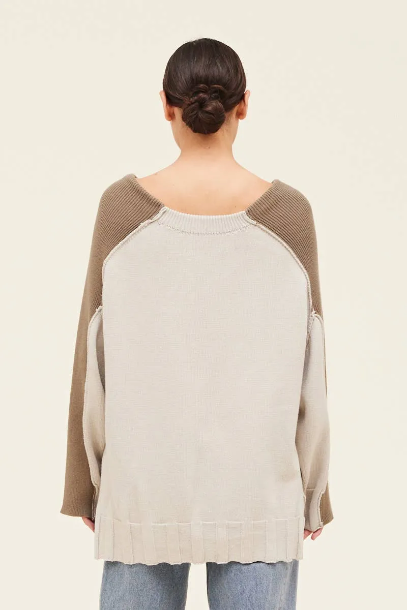 Two Toned Cotton Open Neck Sweater