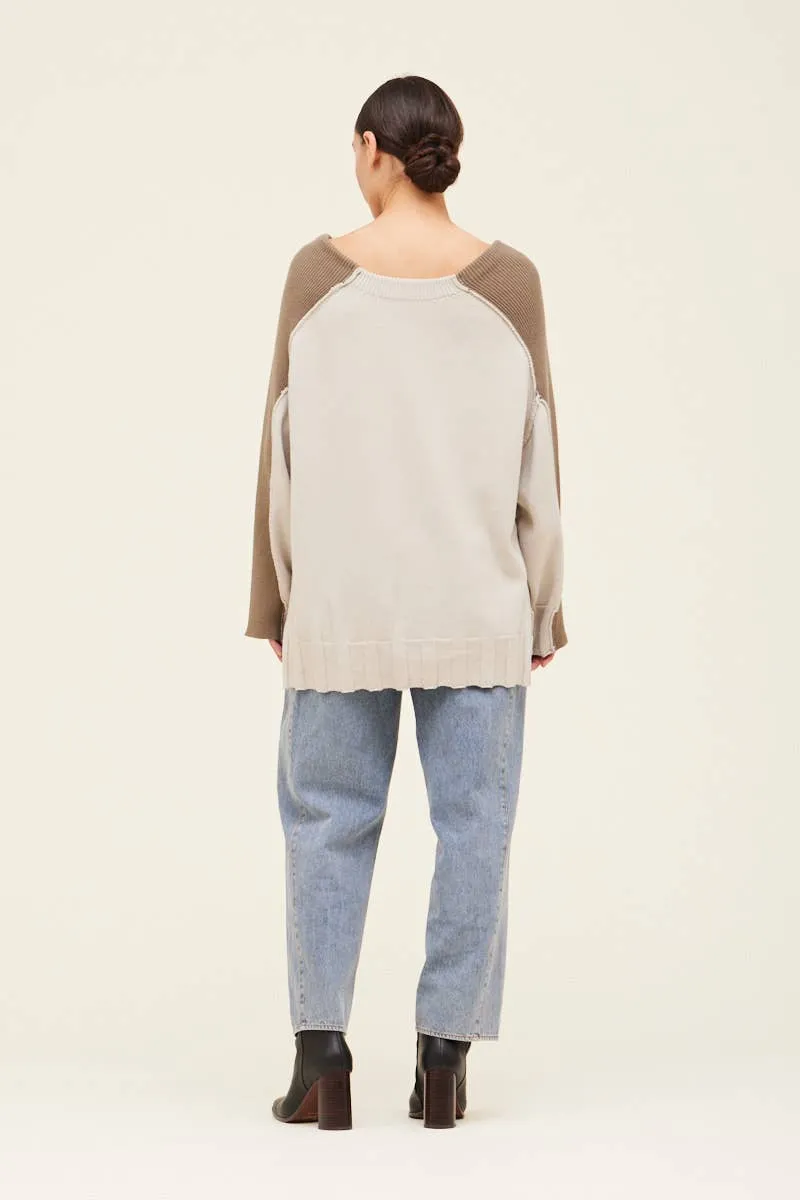 Two Toned Cotton Open Neck Sweater