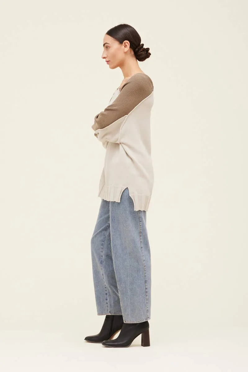 Two Toned Cotton Open Neck Sweater
