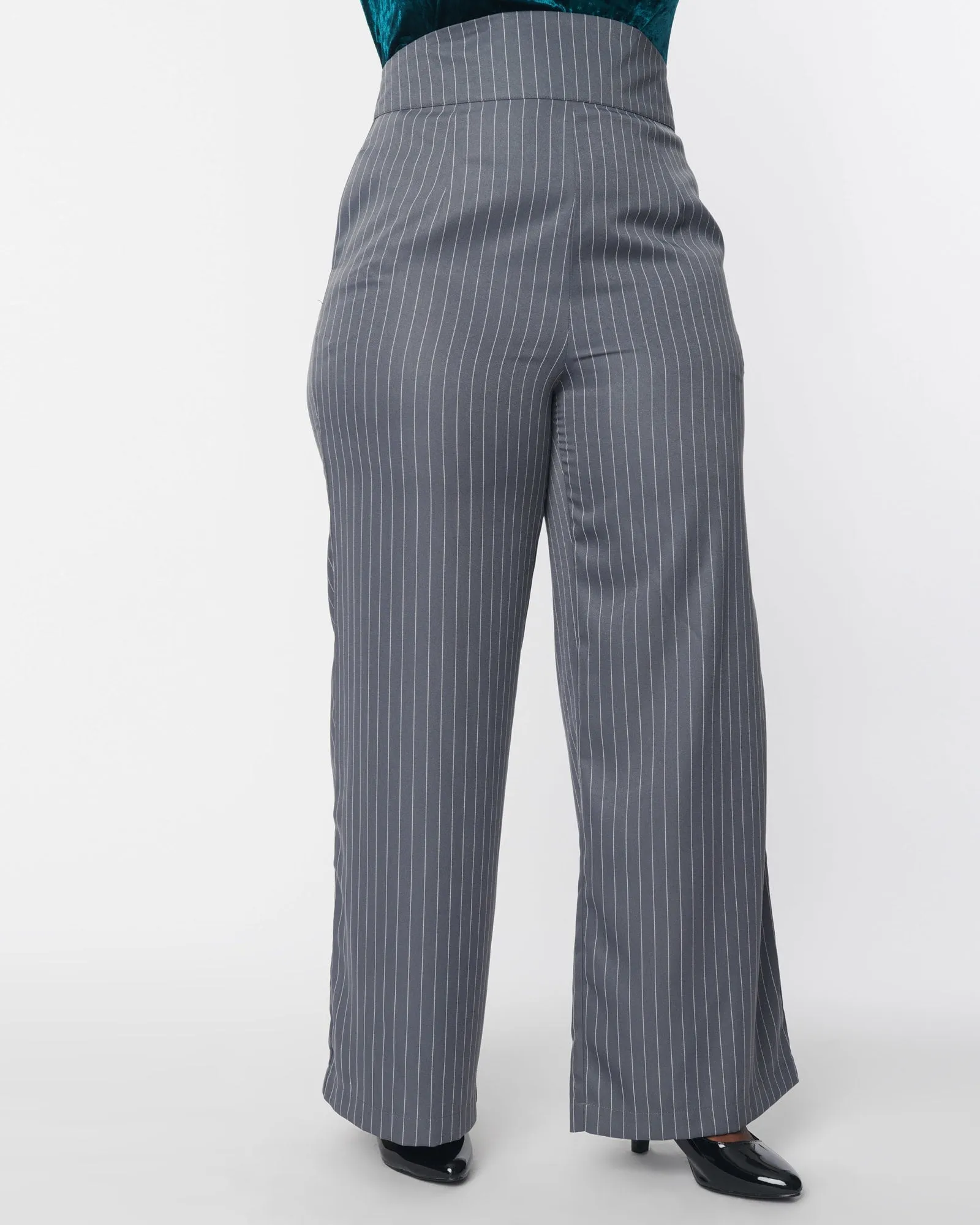 Unique Vintage Grey Pinstripe High Waist Pants | Grey Pinstripe