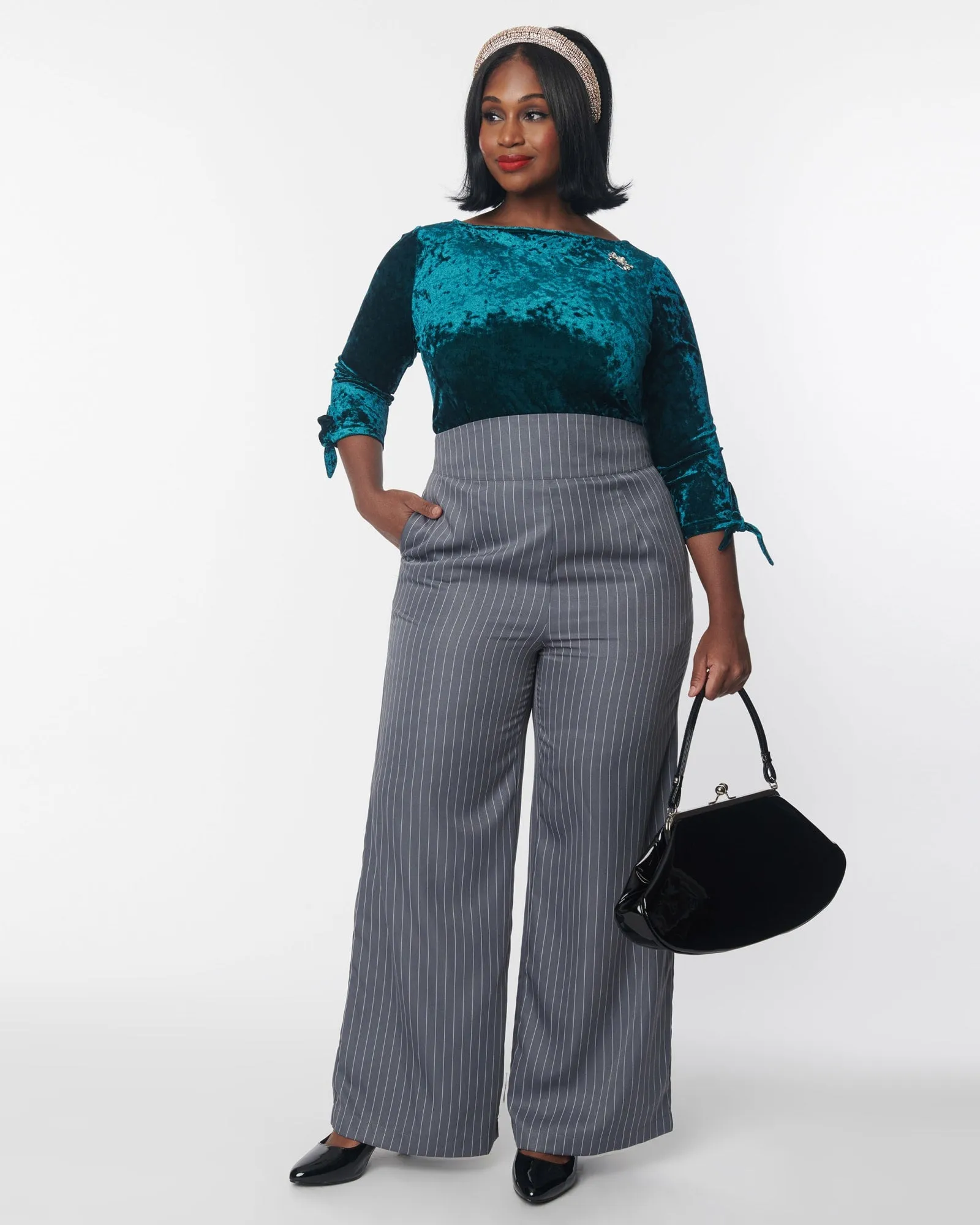 Unique Vintage Grey Pinstripe High Waist Pants | Grey Pinstripe
