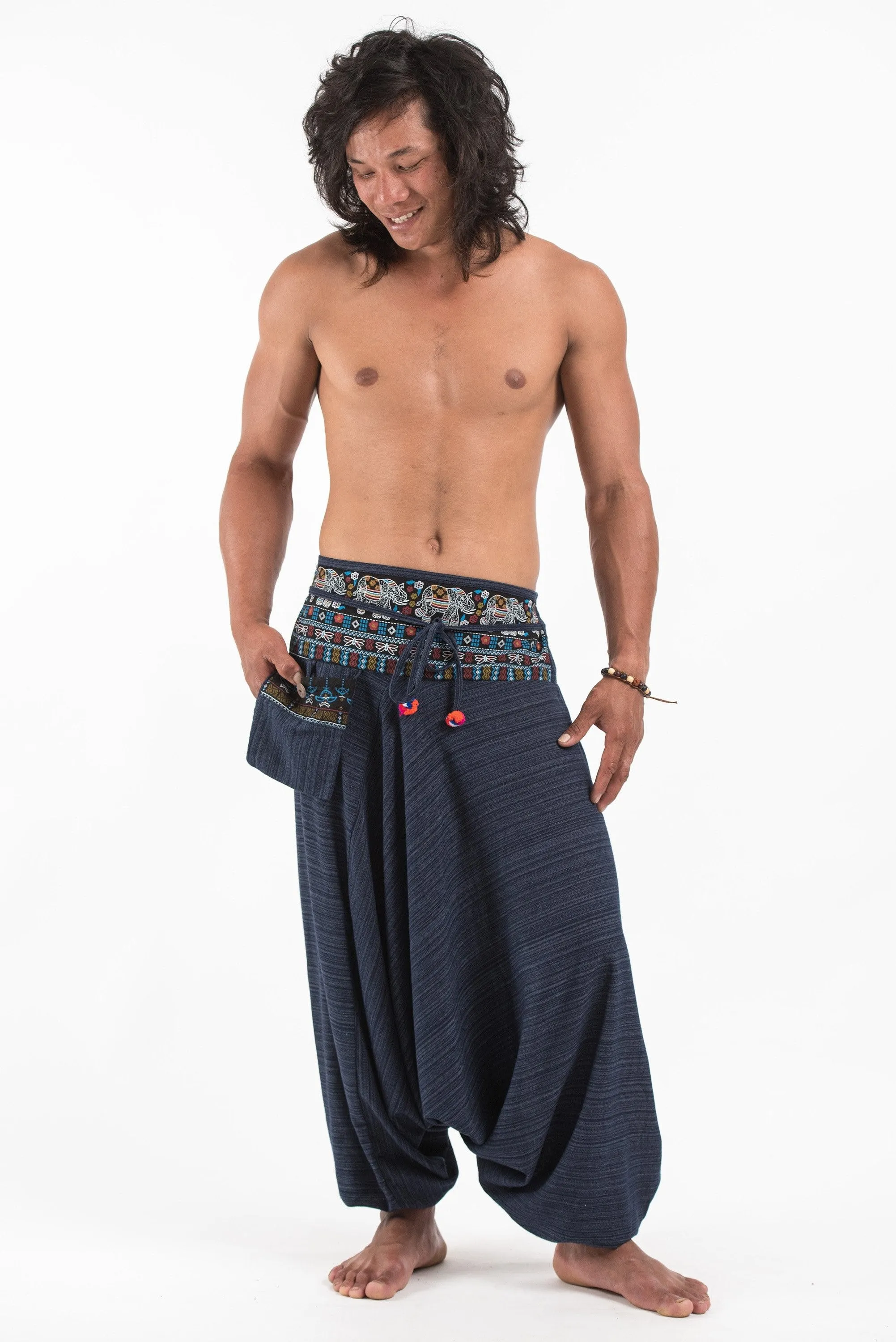 Unisex Pinstripe Harem Pants with Elephant Trim in Navy