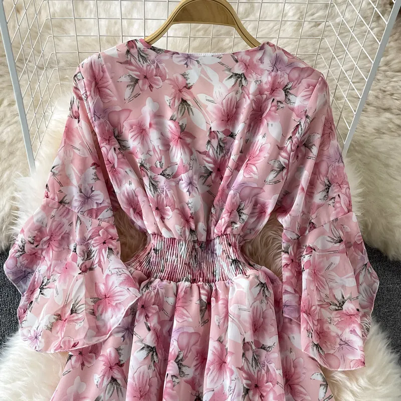 V Neck Floral Chiffon Dress