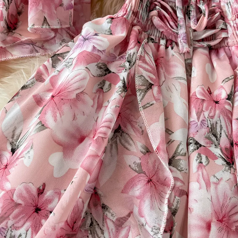 V Neck Floral Chiffon Dress