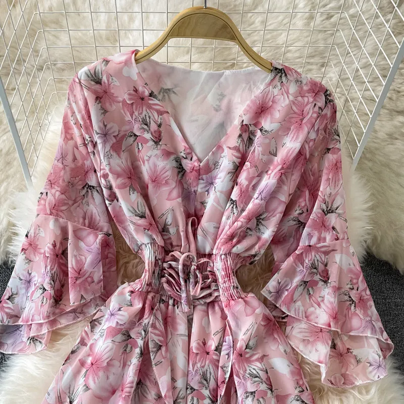 V Neck Floral Chiffon Dress