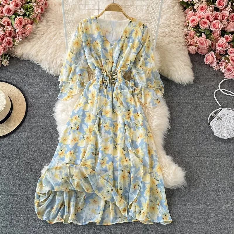 V Neck Floral Chiffon Dress