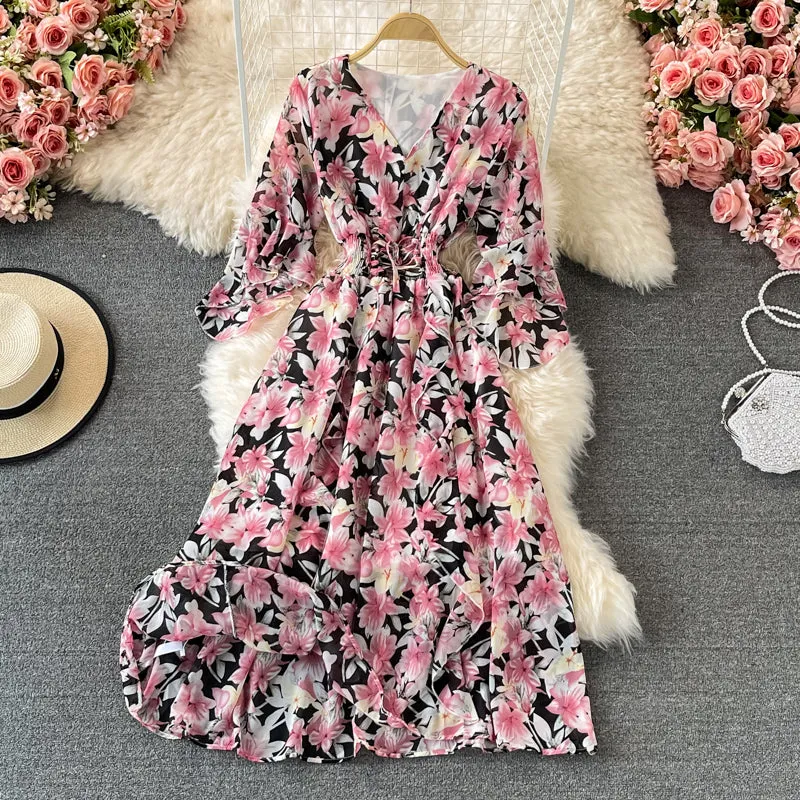 V Neck Floral Chiffon Dress