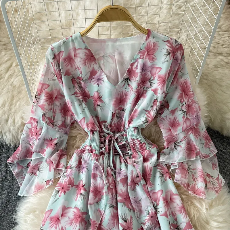 V Neck Floral Chiffon Dress