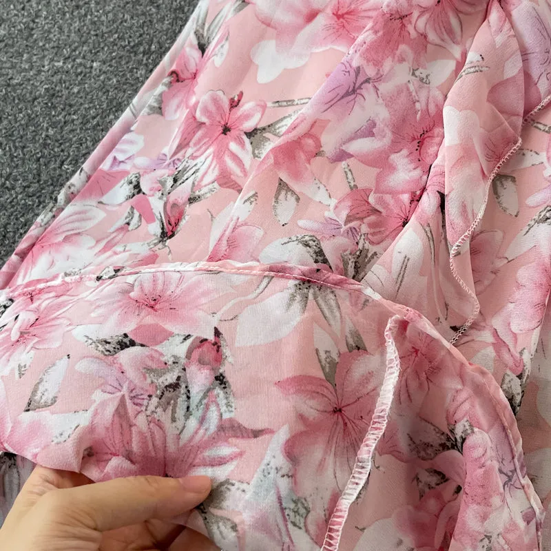 V Neck Floral Chiffon Dress