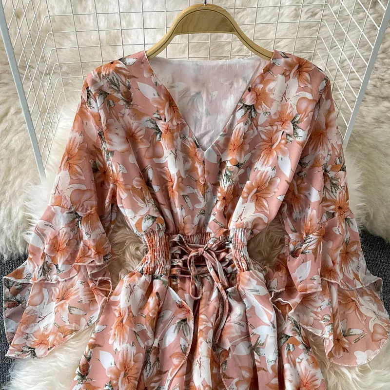 V Neck Floral Chiffon Dress