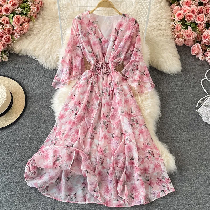 V Neck Floral Chiffon Dress