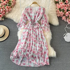 V Neck Floral Chiffon Dress