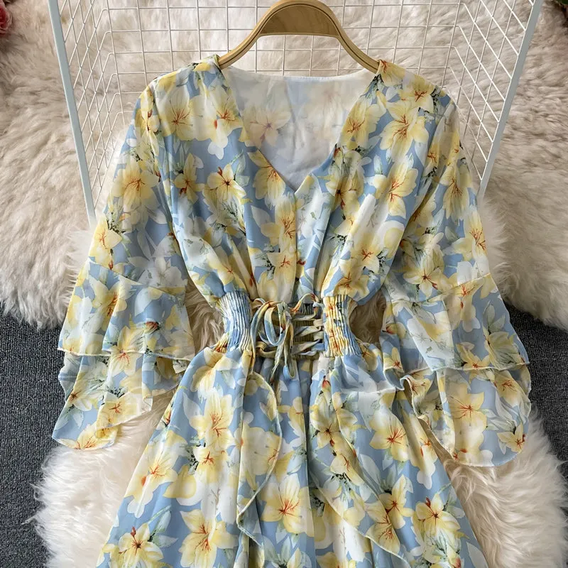 V Neck Floral Chiffon Dress