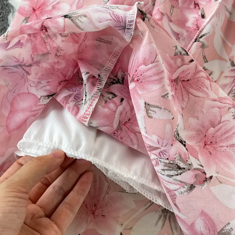 V Neck Floral Chiffon Dress