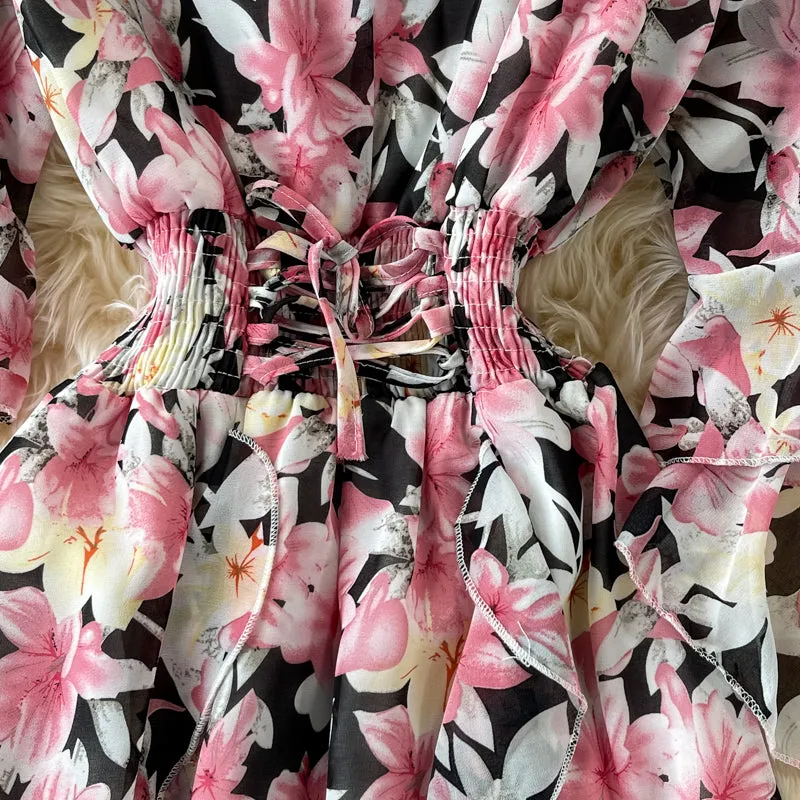 V Neck Floral Chiffon Dress
