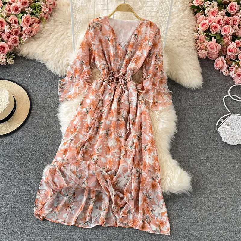 V Neck Floral Chiffon Dress