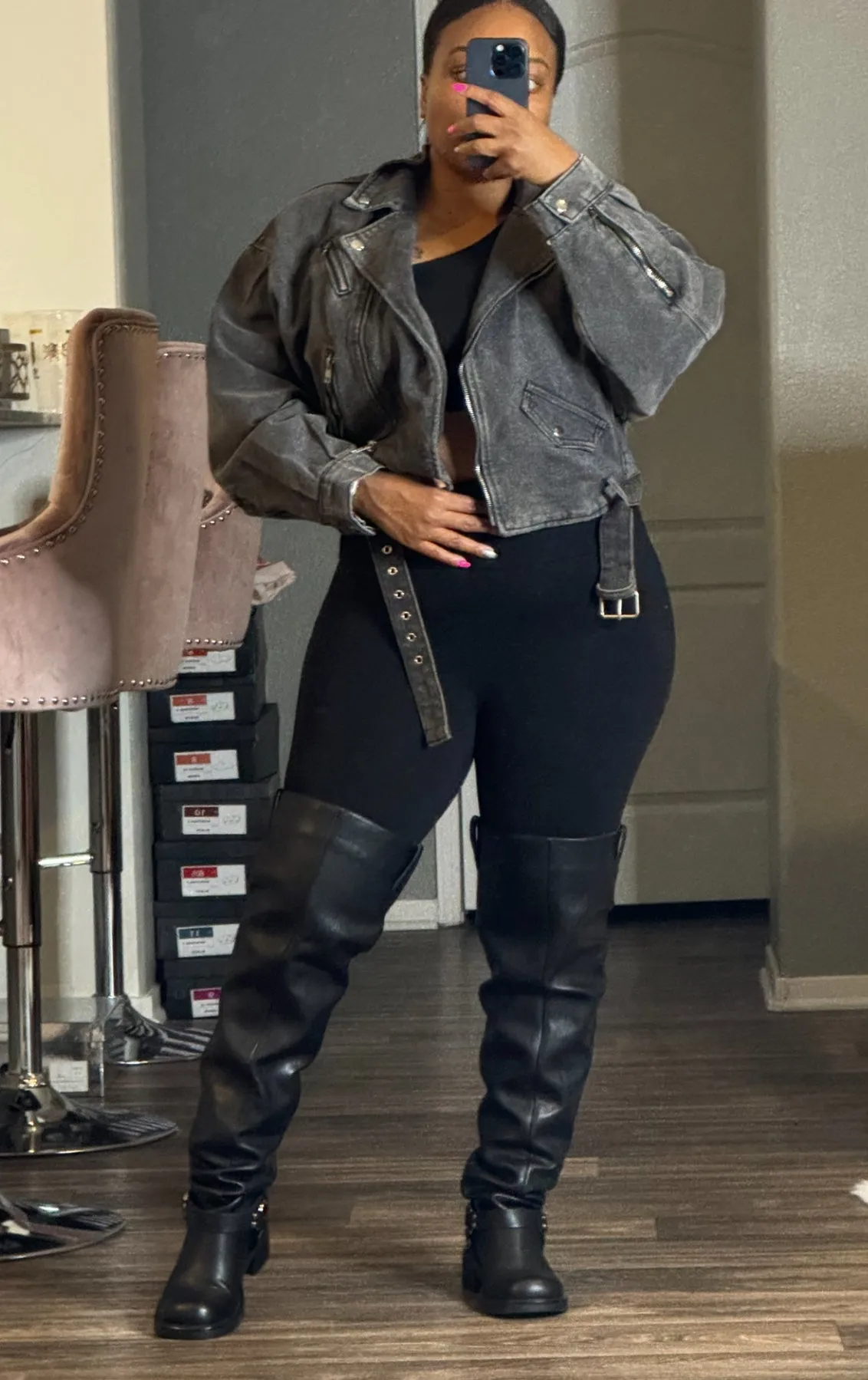 Vicki Black Vintage Wash Denim Moto Jacket