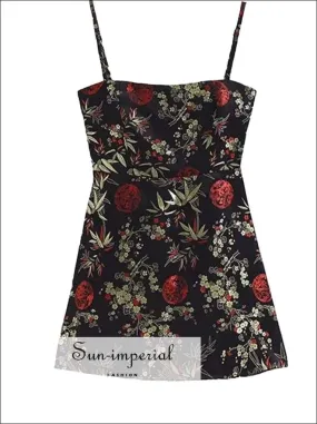 Vintage Floral Embroidery Women Mini Slip Dress Summer Slash Neck Satin Ethnic Summerdress