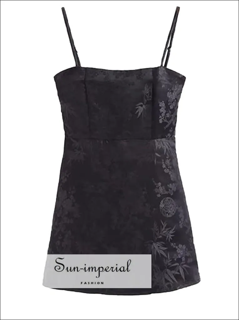 Vintage Floral Embroidery Women Mini Slip Dress Summer Slash Neck Satin Ethnic Summerdress