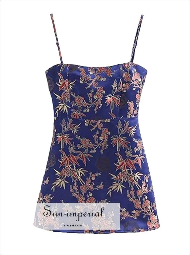 Vintage Floral Embroidery Women Mini Slip Dress Summer Slash Neck Satin Ethnic Summerdress