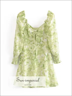 Vintage Pastel Green Tie Dye Mini Dress Long Sleeve Square Collar High Waist Ruched Bust Dress