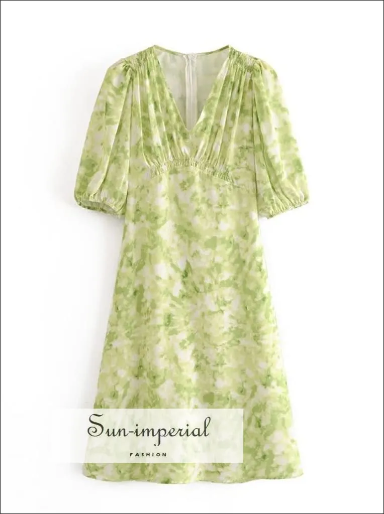 Vintage Pastel Green Tie Dye Mini Dress Long Sleeve Square Collar High Waist Ruched Bust Dress