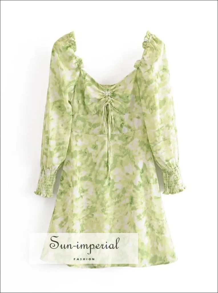 Vintage Pastel Green Tie Dye Mini Dress Long Sleeve Square Collar High Waist Ruched Bust Dress