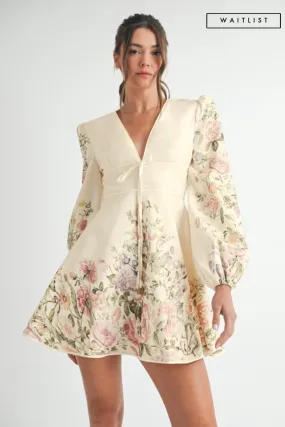Waitlist 4/2 ♥ Valerie Long Sleeve Floral Print Flared Mini Dress Cream