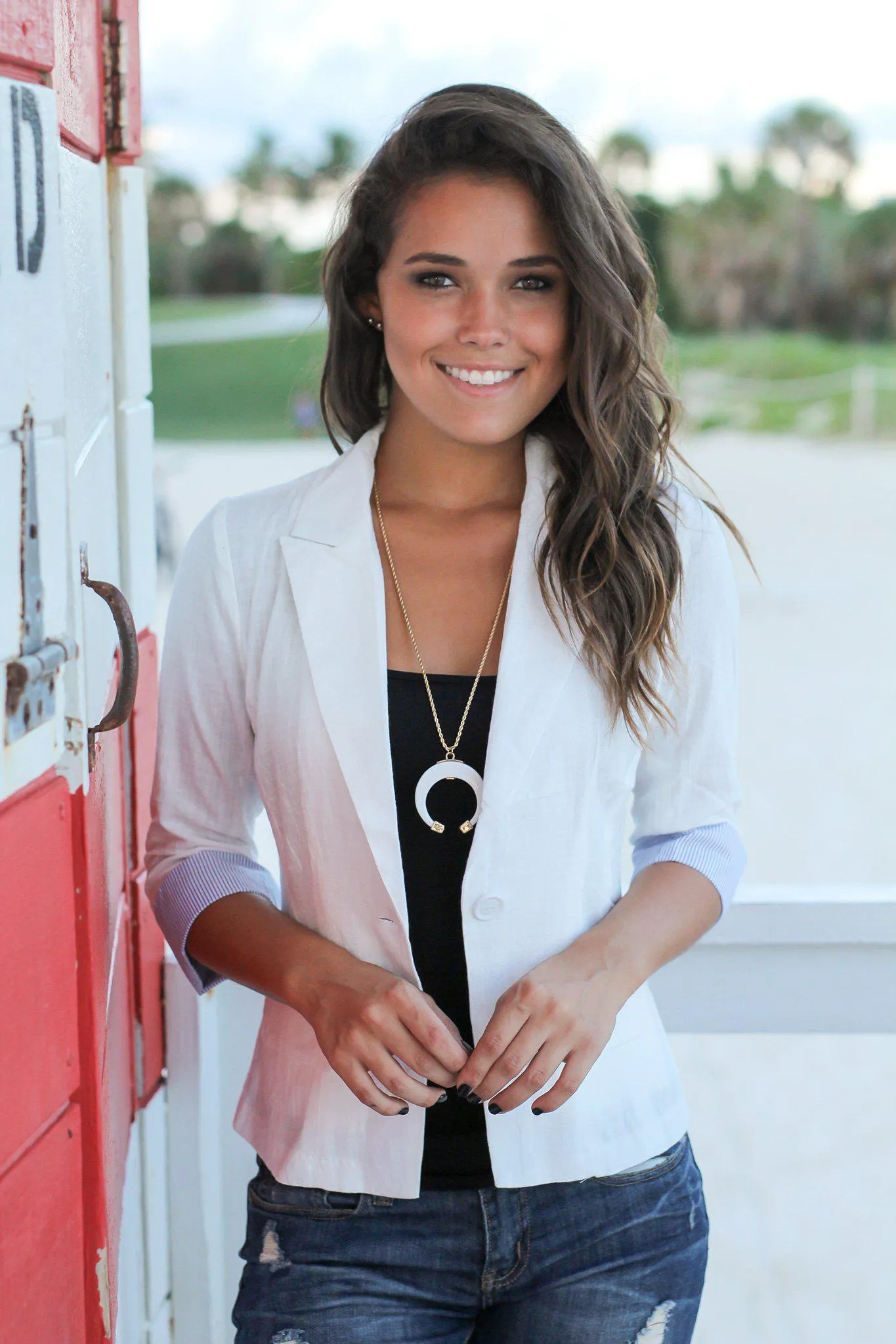 White Blazer with 3/4 Pinstripe Cuff