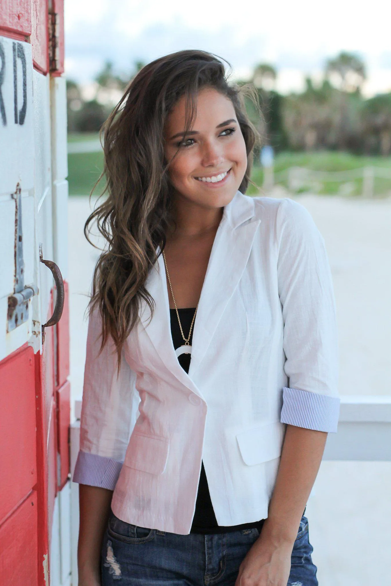 White Blazer with 3/4 Pinstripe Cuff