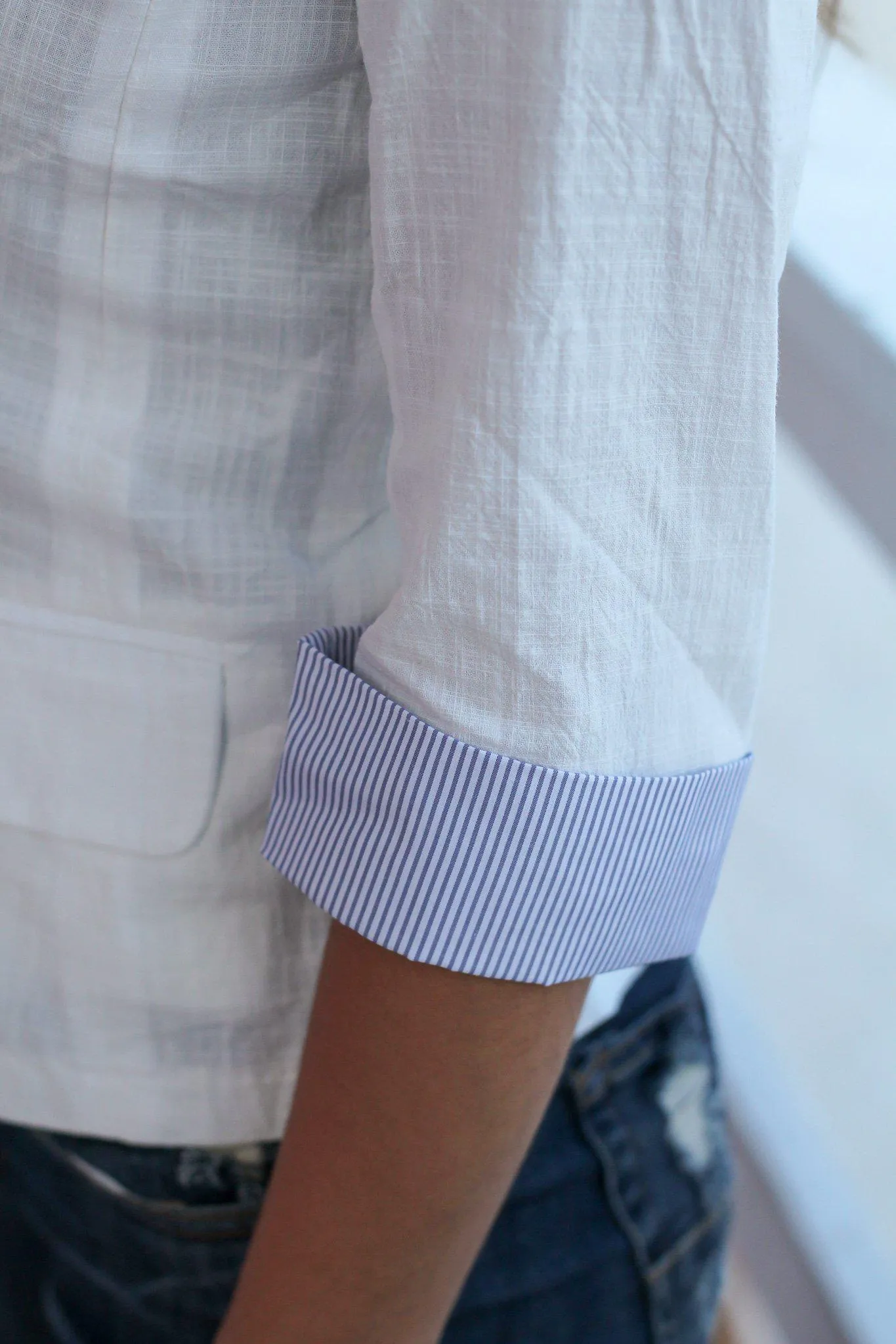 White Blazer with 3/4 Pinstripe Cuff