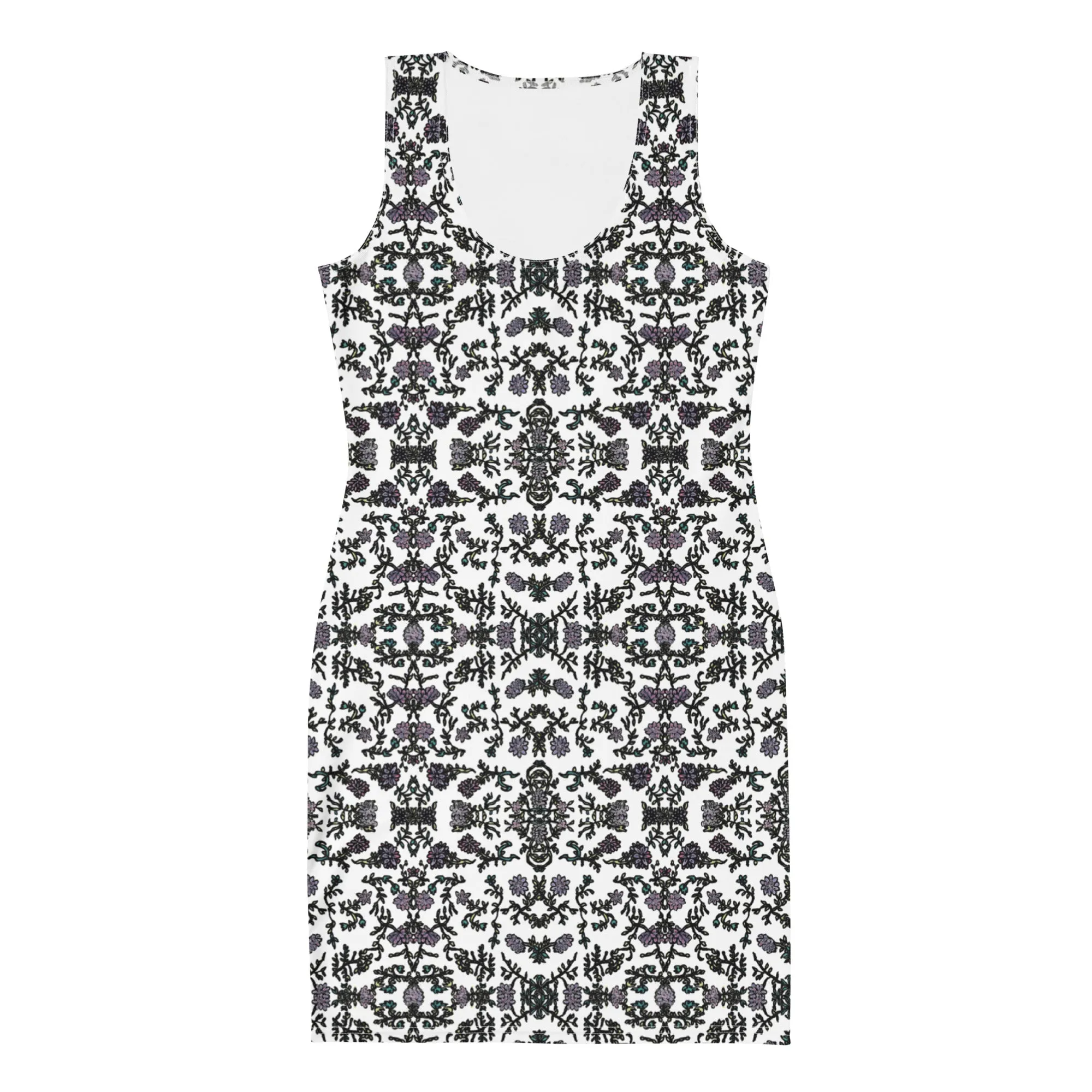 White Floral Print Dress, Flower Print Classic Tank Sleeveless Comfy Dress- Made in USA/EU/MX