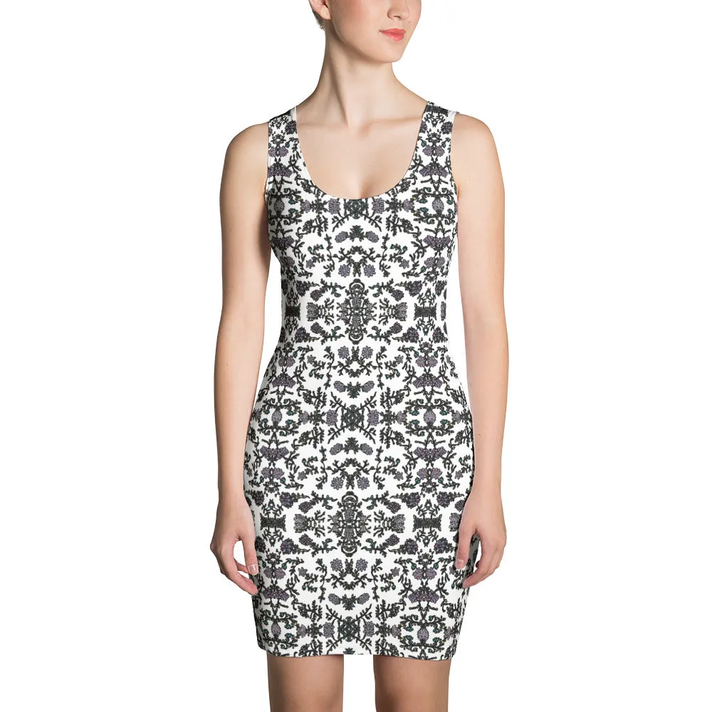 White Floral Print Dress, Flower Print Classic Tank Sleeveless Comfy Dress- Made in USA/EU/MX