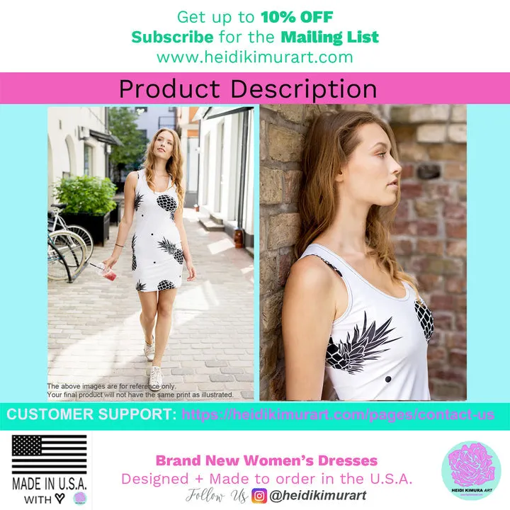 White Floral Print Dress, Flower Print Classic Tank Sleeveless Comfy Dress- Made in USA/EU/MX