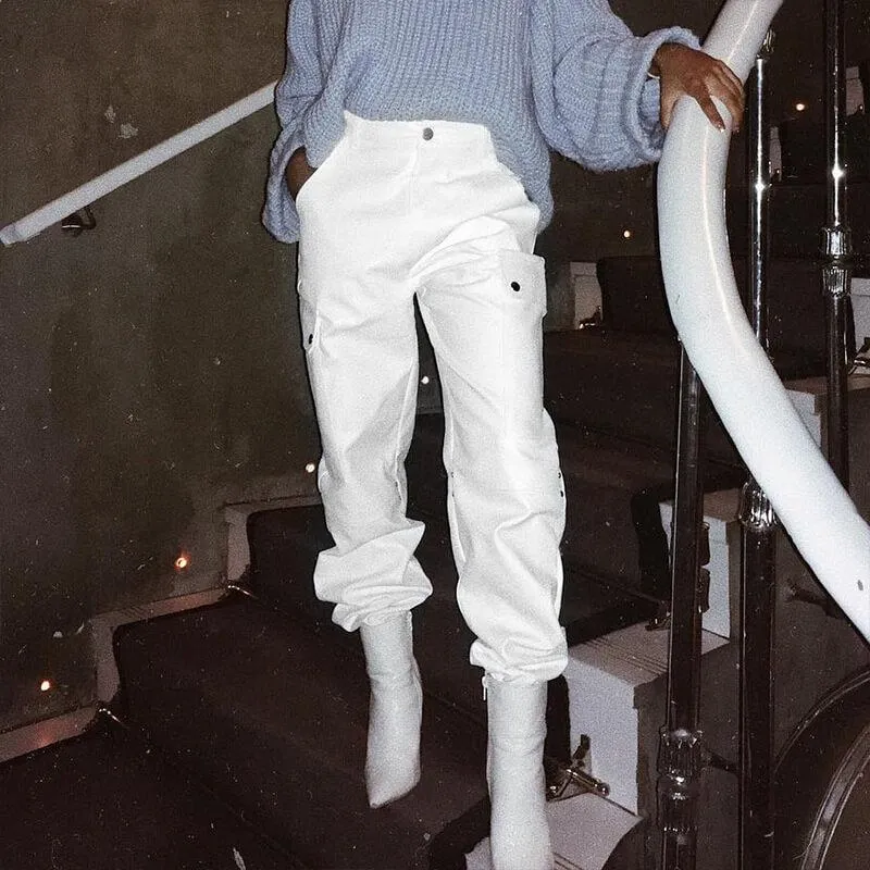 White High Waist Loose Elastic Ankle Pants