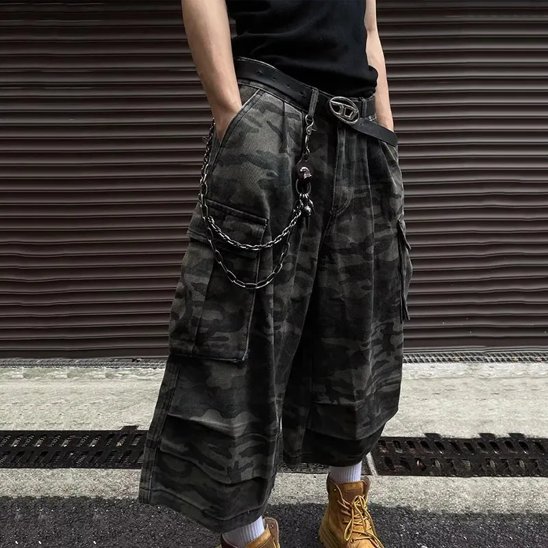 Wiaofellas  -  fall outfits Camouflage Work Men Shorts Cargo Darkwear Pocket Design Casual New Fashion Male Wide Leg Trousers