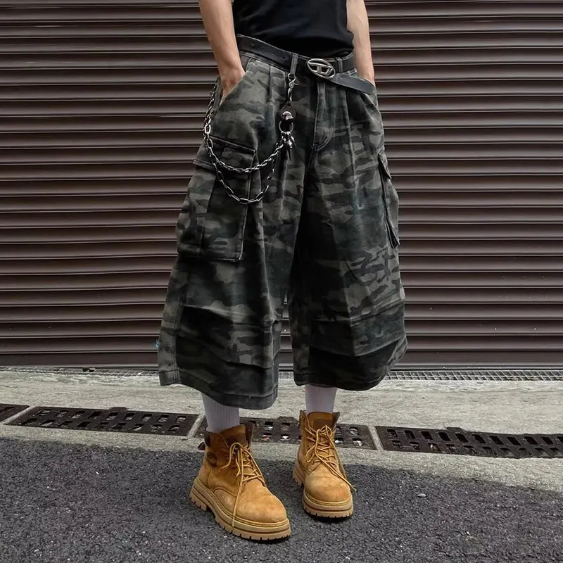 Wiaofellas  -  fall outfits Camouflage Work Men Shorts Cargo Darkwear Pocket Design Casual New Fashion Male Wide Leg Trousers