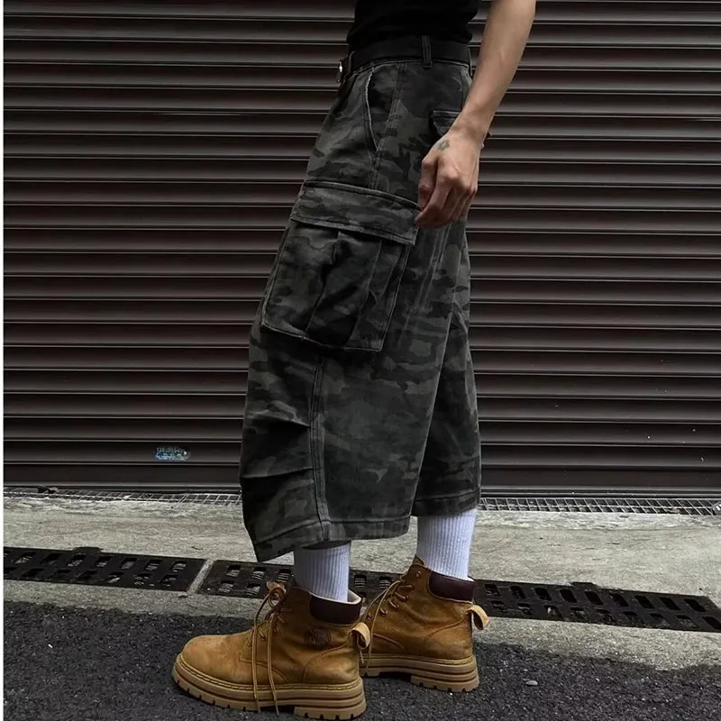 Wiaofellas  -  fall outfits Camouflage Work Men Shorts Cargo Darkwear Pocket Design Casual New Fashion Male Wide Leg Trousers