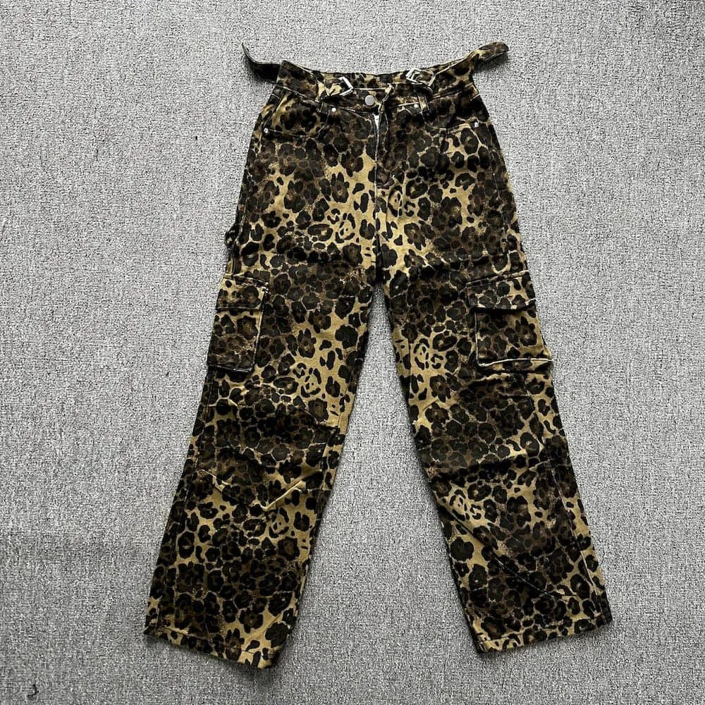 Wiaofellas Leopard Pattern Pleated Multi-pocket Paratrooper Pants Men Structured Cargo Causal Loose High Street Wide Leg Pant Trousers