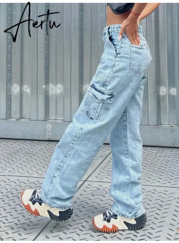 Women High Waist Baggy Jeans Flap Pocket Side Relaxed Fit Straight Wide Leg Cargo Jeans Slim Streetwear Boyfriend Jeans Trousers