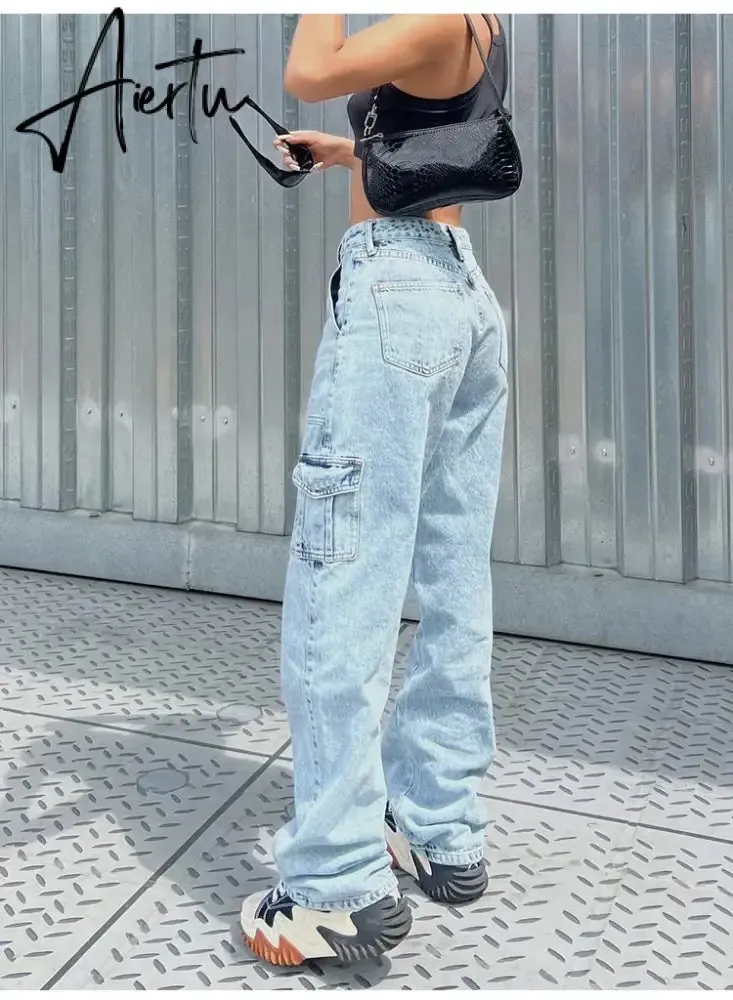 Women High Waist Baggy Jeans Flap Pocket Side Relaxed Fit Straight Wide Leg Cargo Jeans Slim Streetwear Boyfriend Jeans Trousers