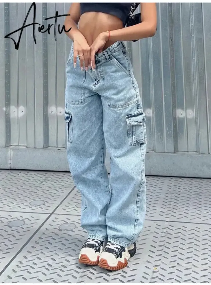 Women High Waist Baggy Jeans Flap Pocket Side Relaxed Fit Straight Wide Leg Cargo Jeans Slim Streetwear Boyfriend Jeans Trousers