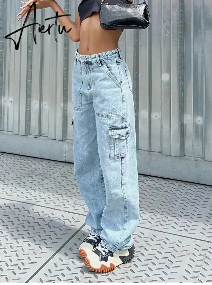 Women High Waist Baggy Jeans Flap Pocket Side Relaxed Fit Straight Wide Leg Cargo Jeans Slim Streetwear Boyfriend Jeans Trousers