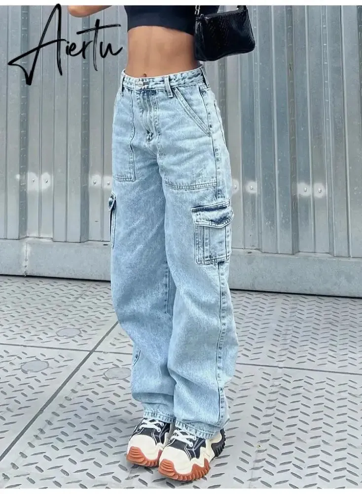 Women High Waist Baggy Jeans Flap Pocket Side Relaxed Fit Straight Wide Leg Cargo Jeans Slim Streetwear Boyfriend Jeans Trousers