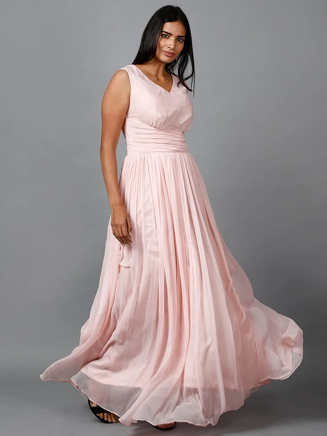 Women's Sleeveless V- Neck Draped Light Pink Chiffon Evening Maxi Gown