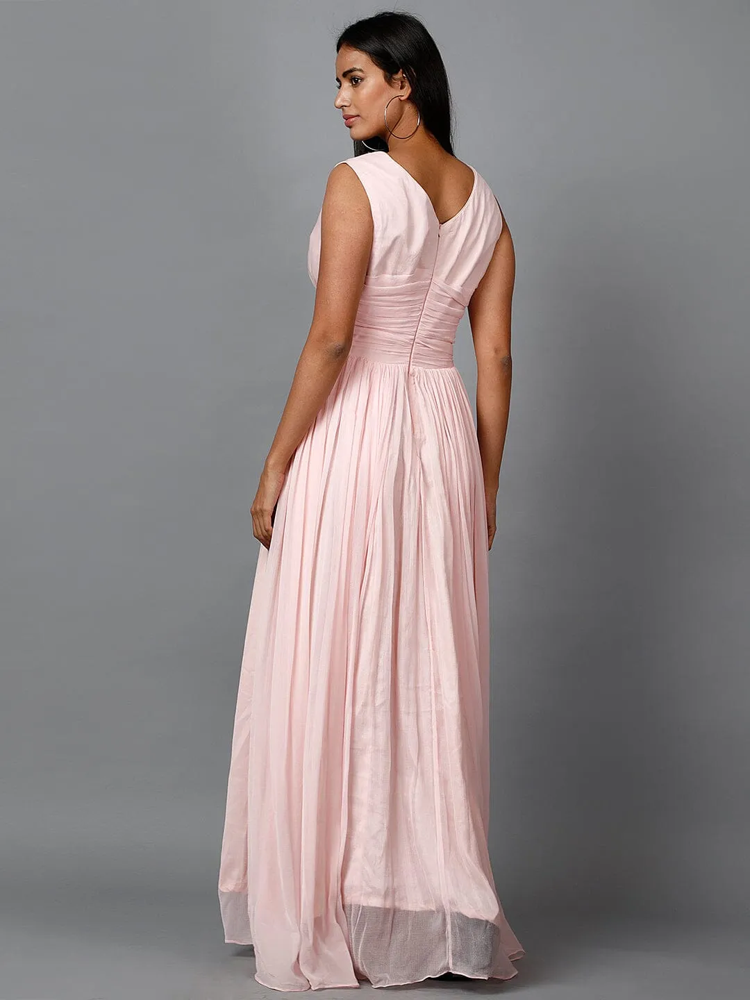 Women's Sleeveless V- Neck Draped Light Pink Chiffon Evening Maxi Gown